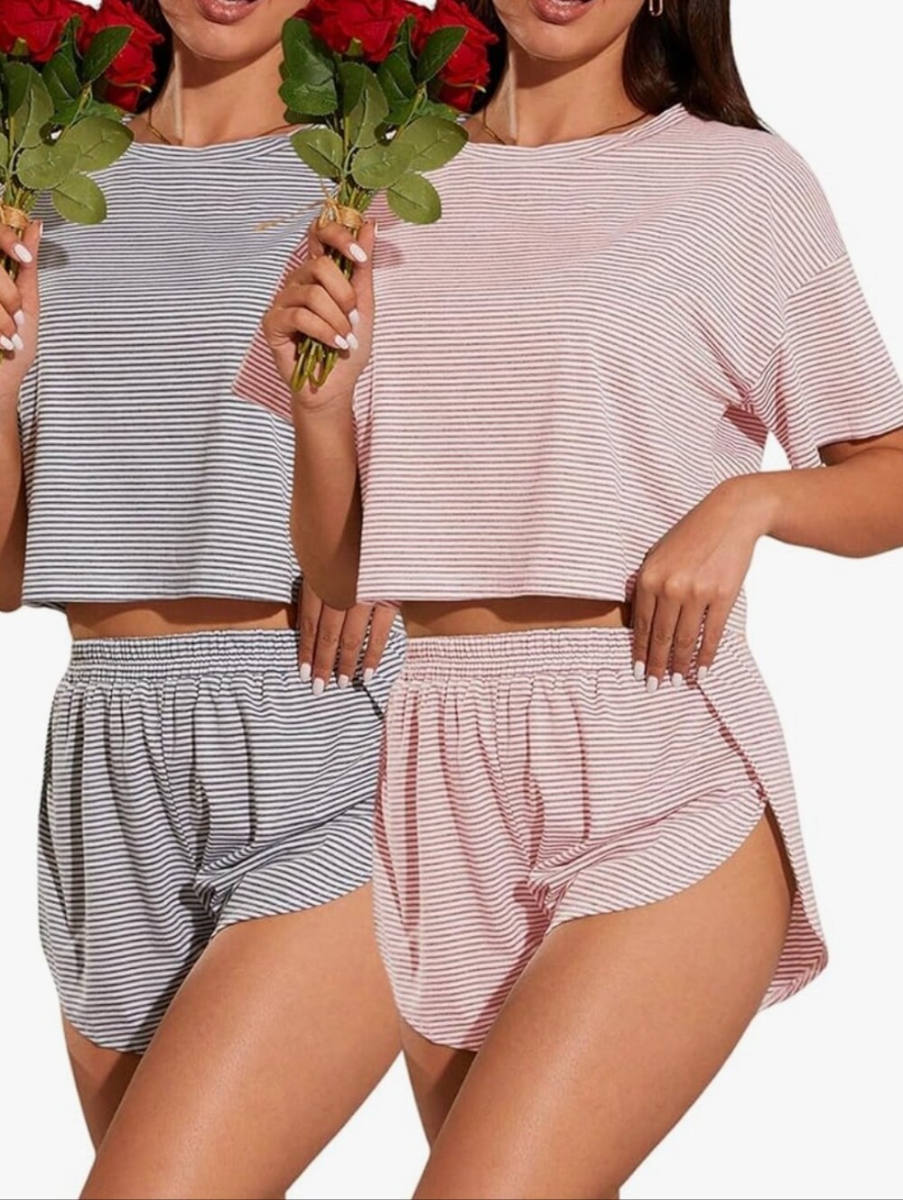 Bundle Of Two Striped Cotton-Blend Two-Piece Sleep Set - Pink & Grey